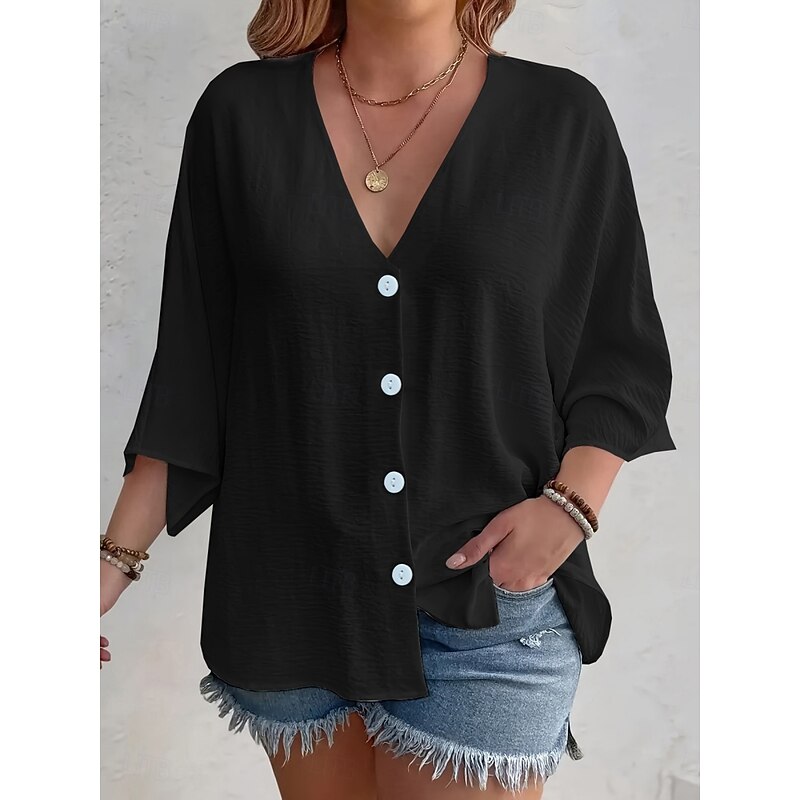 Women's Shirt Button Down Blouse Solid Color Stylish Casual Long Sleeve V Neck Regular Tops Daily Buttons Black White Orange Apricot Summer Spring