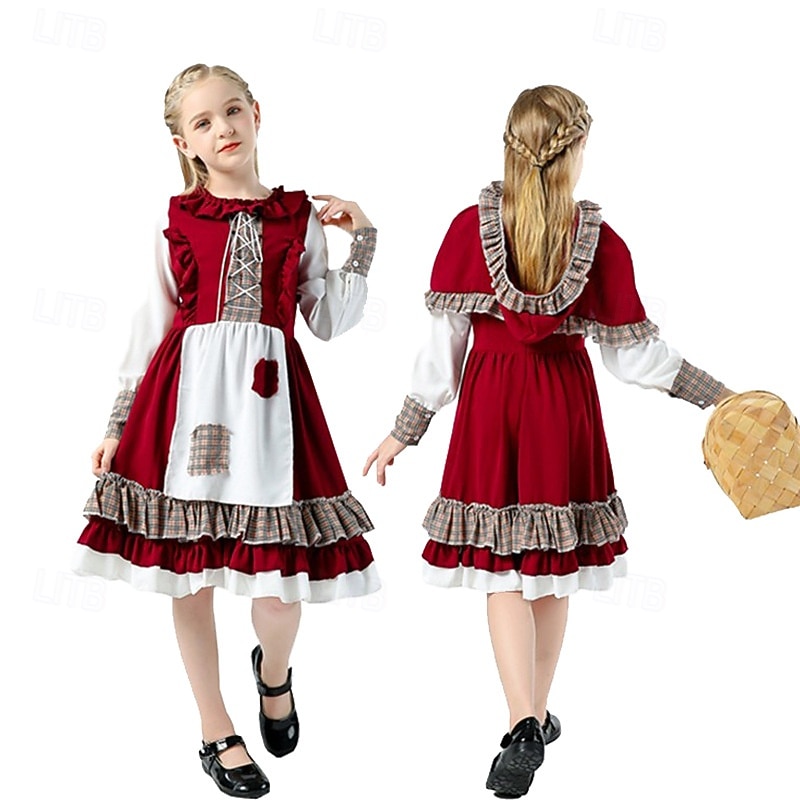 Fairy Tale Little Red Riding Hood Dress Hooded Cloak Storybook Characters Cosplay Movie Cosplay for Women's Girls' Kid's Adults' Halloween Carnival World Book Day Performance Educational Dress Up3