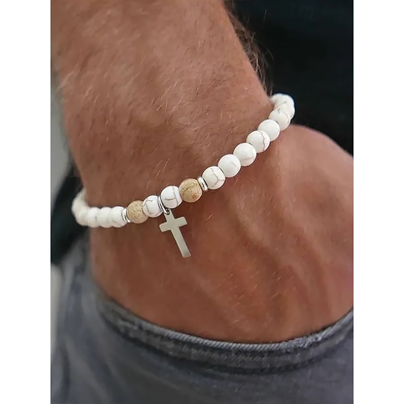 Men's Turquoise Cross Beaded Bracelet – Alloy and Turquoise Design, Perfect for Casual and Boho Style