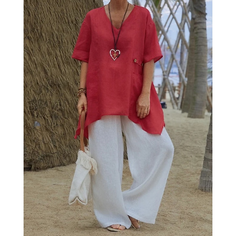 Women's Shirt Linen-Inspired Shirts Blouse Plain Modern Casual Half Sleeve V Neck Regular Tops Daily Going out Asymmetric White Red Green Apricot Summer3