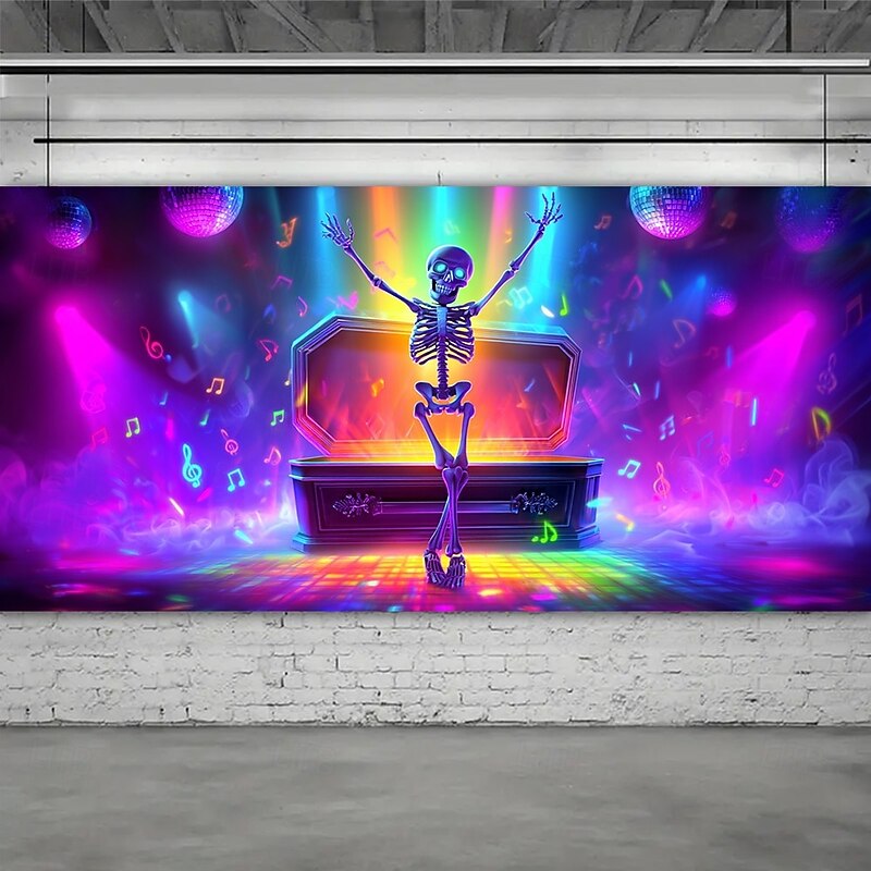 Halloween Garage Door Cover Neon Skeleton Dancing on Stage Banner, Glowing Blacklight Backdrop Decoration for Holiday Outdoor Garage Door and Home Wall, 2025 Halloween Decorations2