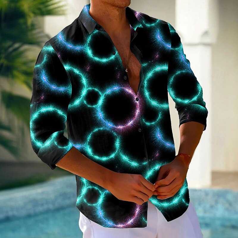 Men's Geometric Circle Neon Glow Shirt Button Up Shirt Casual Dress Shirt Long Sleeve Fashion Casual Vacation Daily Streetwear Summer Spring Turndown 3D Print Collared Shirts Red Blue Orange Green2
