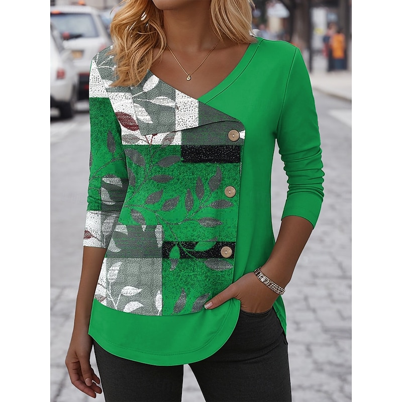 Women's Blouse Tunic V Neck Long Sleeve Buttons Graphic Geometric Vintage Fashion Casual Regular Tops Daily Patchwork Print Red Blue Purple Green Spring Fall Winter Prefall4