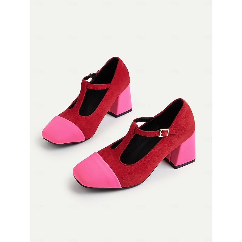 Women's French Style Red and Pink T-Strap Block Heel Mary Jane Pumps - Retro Comfortable Walking Shoes for Afternoon Tea, Parties, Office, and Daily Outfits3