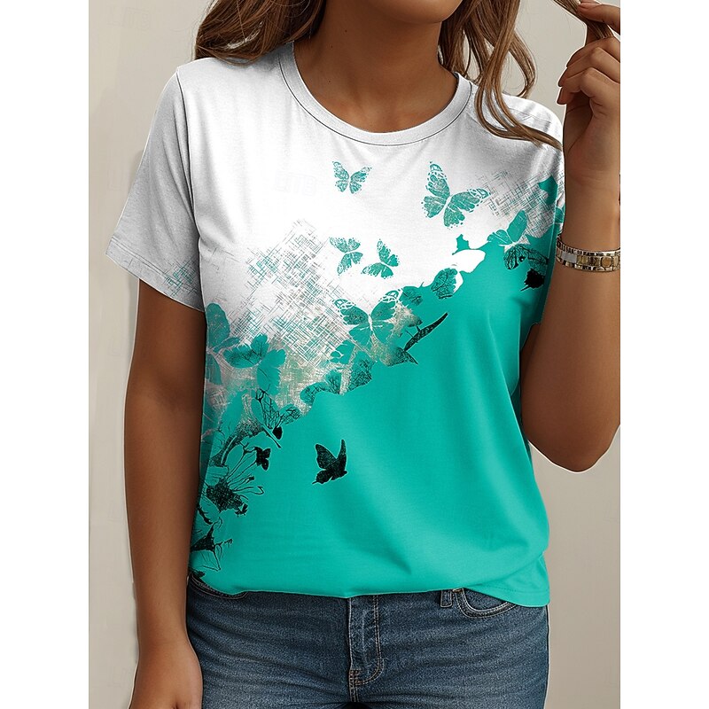 Women's Plus Size Tops T Shirt Graphic Butterfly Print Short Sleeve Crew Neck Casual Daily Knit Summer Spring Black Red4