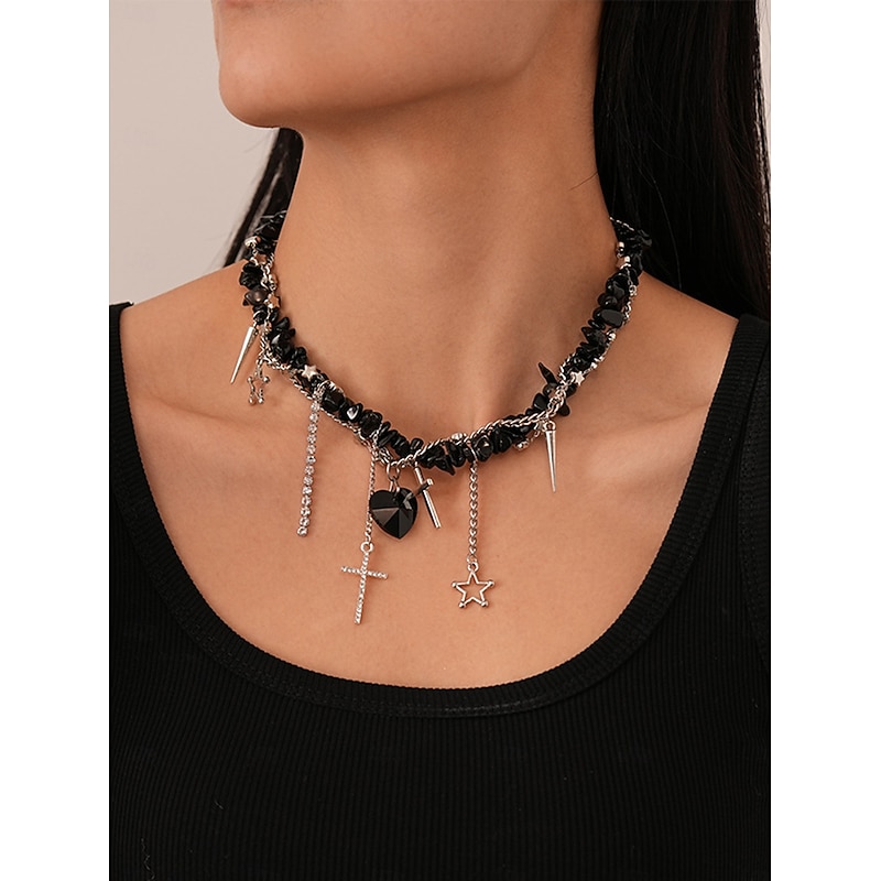 Women's Punk Gothic Black Stone Choker Necklace with Cross, Heart and Star Charms - Statement Jewelry for Party, Club and Night Out