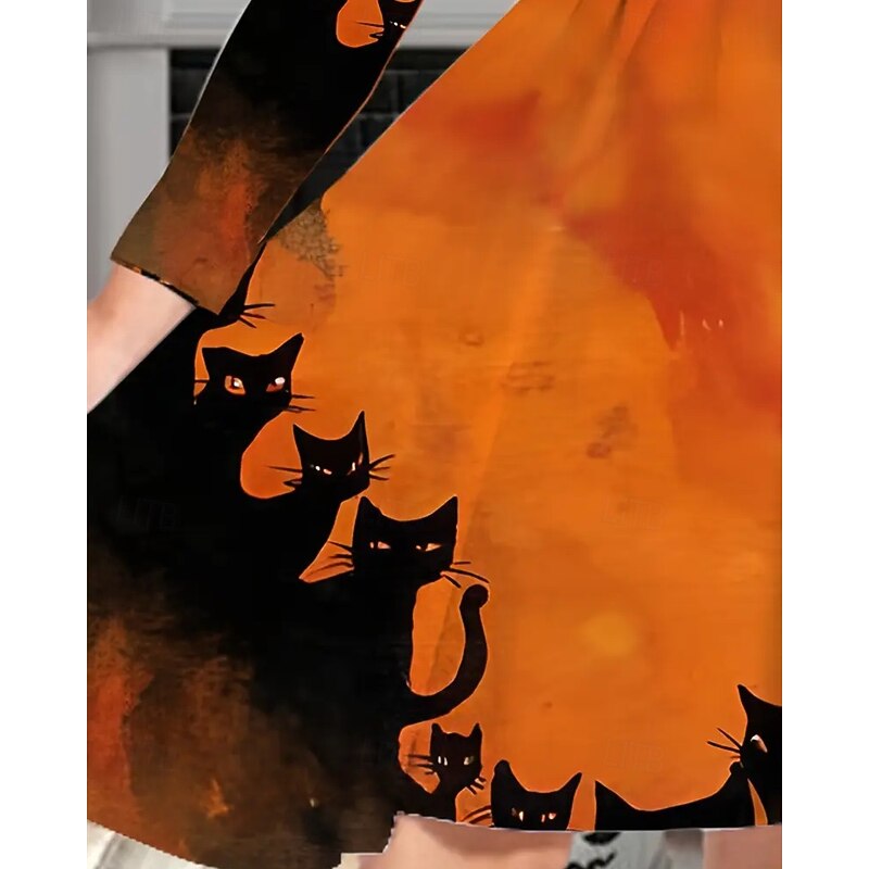 Halloween Girls' 3D Cat Dress Long Sleeve Summer Spring Vacation Daily Holiday Princess Beautiful Sweet Kids 4-12 Years Casual Dress A Line Dress Knee-length Regular Fit4