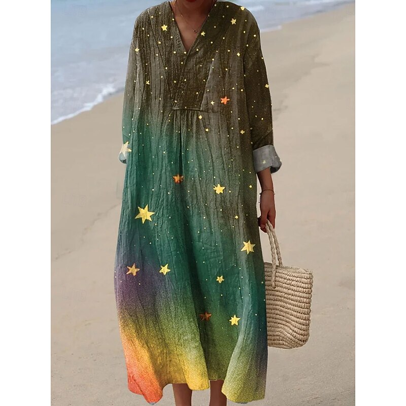 Women's Midi Dress V Neck Long Sleeve Kaftan Lightweight Loose Fit A Line Dress Casual Boho Party Loose Fit Graphic Geometric Abstract Long Sleeve V Neck White Pink Blue Brown Fall3