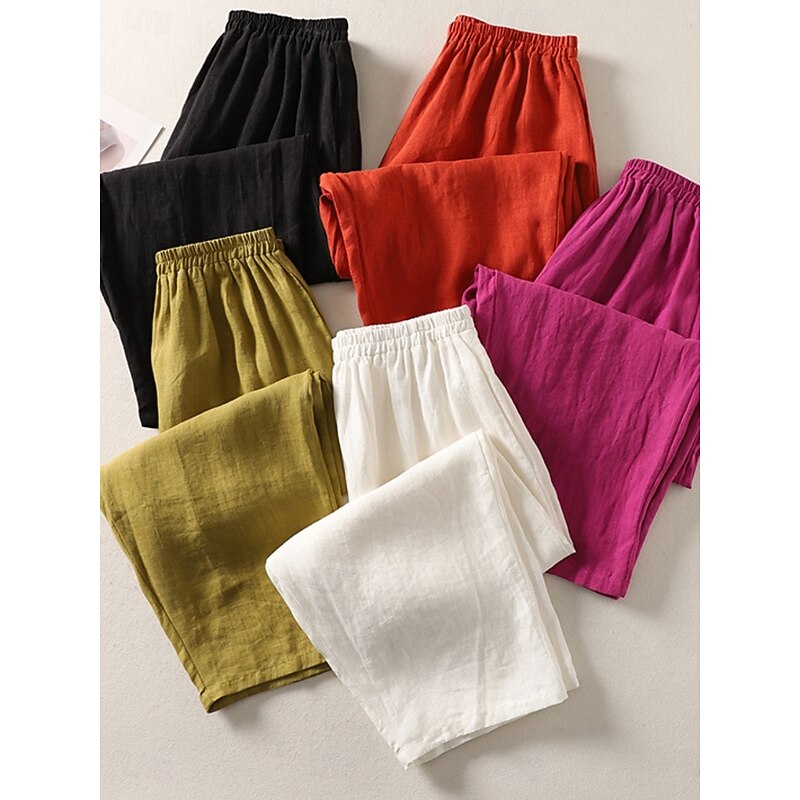 Women's Cotton Linen Pants Chinos Ethnic Style Basic Casual Full Length High Waist Plain Pocket Drawstring Comfort Outdoor Stretchy Vacation Street Daily Black White Fuchsia Orange Summer Spring