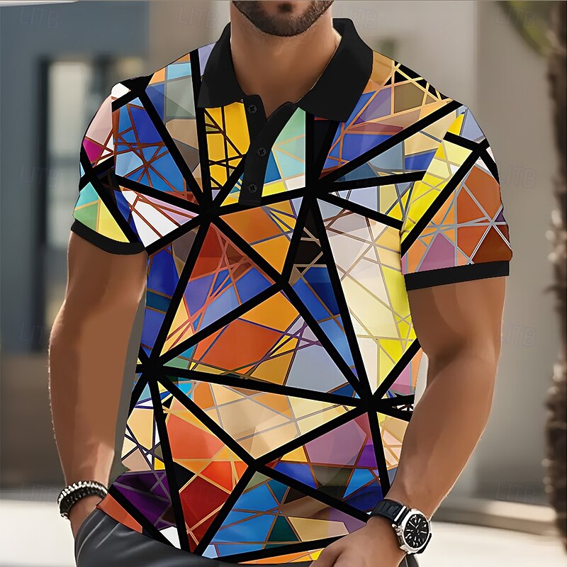Men's Geometric Pattern Polo Short Sleeve Polo Shirts Collared Shirts Casual Athleisure Outdoor clothing Daily Wear 3D Print Buttons Summer Yellow Blue Green2