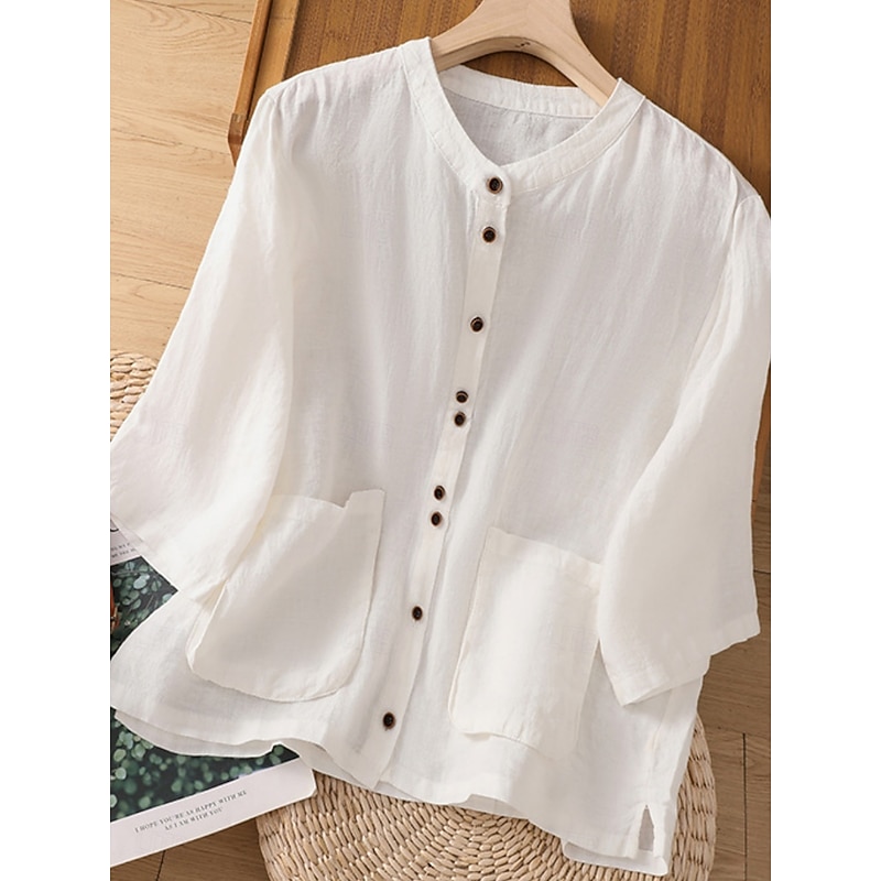 Women's Cotton Linen Shirts Solid Color Basic Casual 3/4 Length Sleeve Crew Neck Regular Tops Daily Pocket Buttons White Wine Green Khaki Summer Spring Fall2