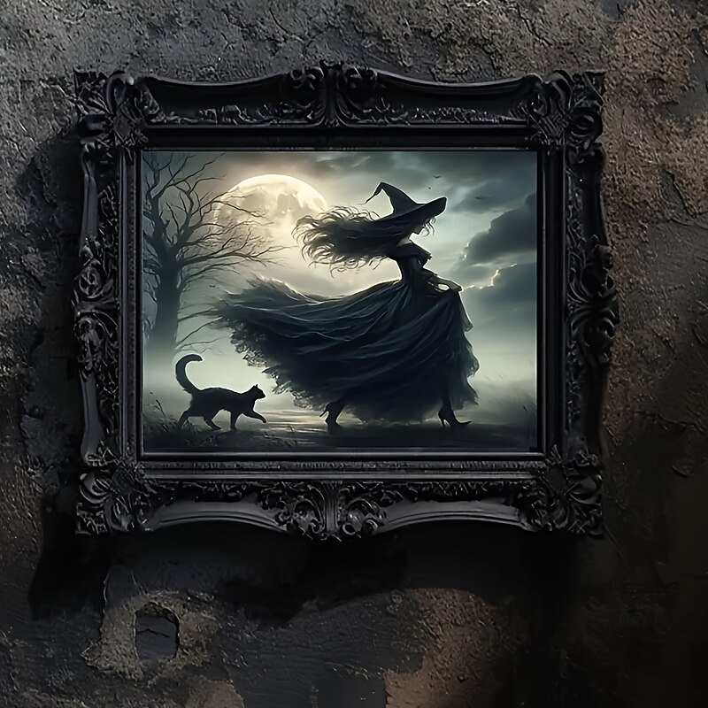 Witch and Her Black Cat Walking - Frameless Canvas Art Gothic Halloween Poster Vintage Dark Aesthetic Wall Decor for Home