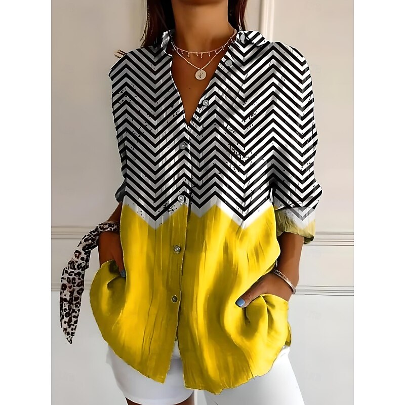 Women's Shirt Button Down Tunic Shirt Collar Long Sleeve Graphic Geometric Striped Vintage Tropical Daily Regular Tops Work Daily Holiday s Print White Yellow Red Blue Orange Spring4