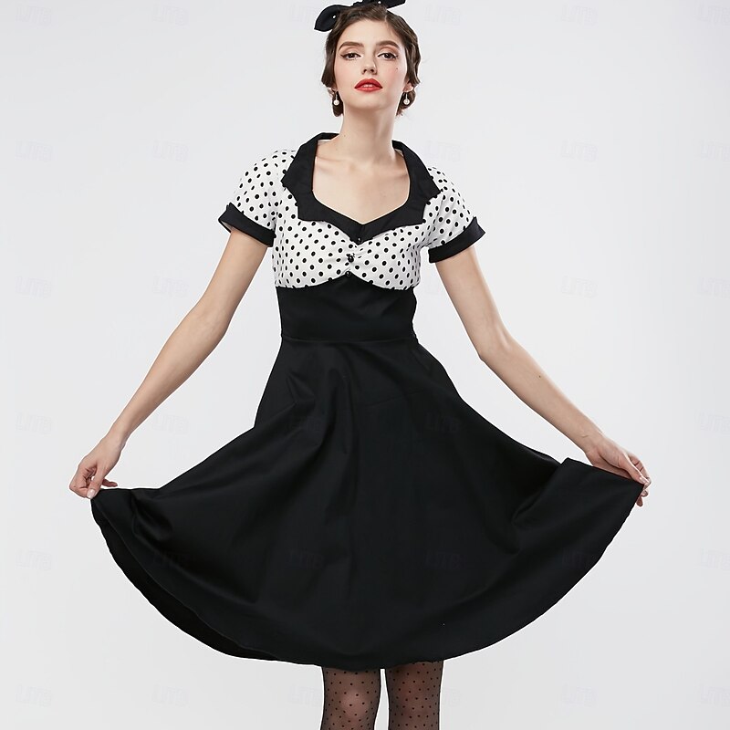 Vintage 1950s Grease Outfits Rockabilly Midi Dress A Line Dress Flare Dress Polka dots A-Line V Neck Fancy Dress Women's Valentine's Day Vacation Party Retro Adults' Dress Spring