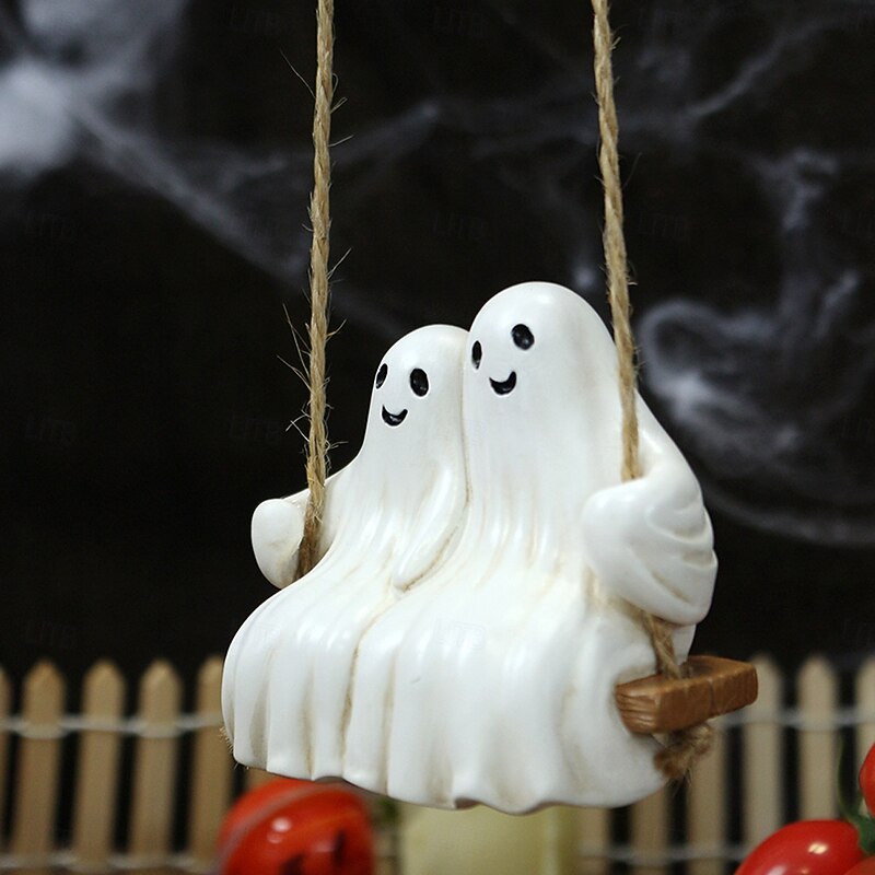 Halloween Resin Swinging Cute Ghost Decoration Couple Hanging Decor, Creative Spooky Ornament for Outdoor Yard and Home, Halloween Atmosphere Decoration2