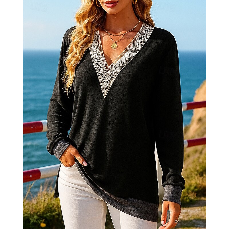 Women's Pullover Sweatshirt Casual Tops Long Sleeve Top Athleisure Fall V Neck Solid Colored Fashion Outdoor Jogging Running Sportswear Activewear Black Blue Green
