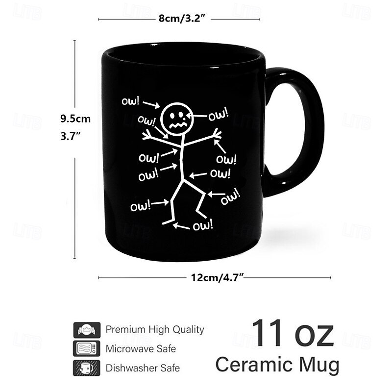 Funny Coffee Mug Ow Stick Figure Pain Chart Black Ceramic Mug 11oz 330ml Sarcastic Gag Gift for Friends Coworkers Adults2