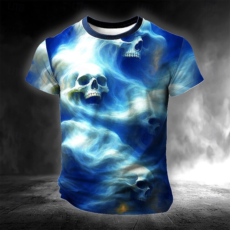Halloween Men's Skull Smoke 3D T Shirt Short Sleeve T shirt 3D Print Crew Neck Shirt Exaggerated Designer Horror Party Street Casual Yellow Blue Green Summer Spring All Seasons Clothing Apparel S M L2
