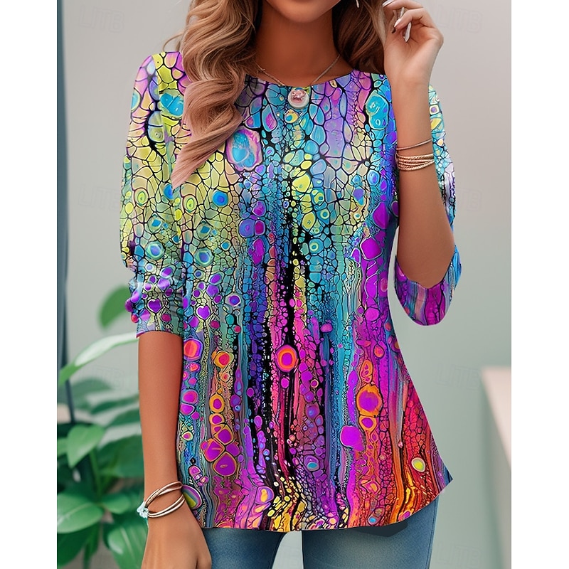 Women's T shirt Long Sleeve Crew Neck Long Sleeve Tunic Casual Print Regular Tops Daily Rainbow Spring Fall Prefall4