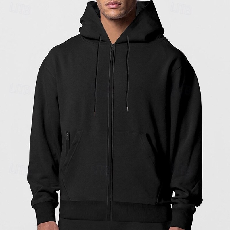 Men's Hoodie Fleece Hoodie Black Navy Blue Khaki Gray Hooded Plain Zip Up Front Pocket Sports & Outdoor Casual Daily Streetwear Cool Designer Fall & Winter Clothing Apparel Hoodies Sweatshirts  Long2