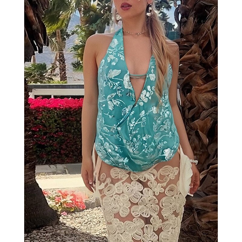 Women's Sequin Sparkly Party Glitter Flower Stylish Modern Sleeveless V Neck Regular Tops Daily Going out Print Backless Brown Green Summer4