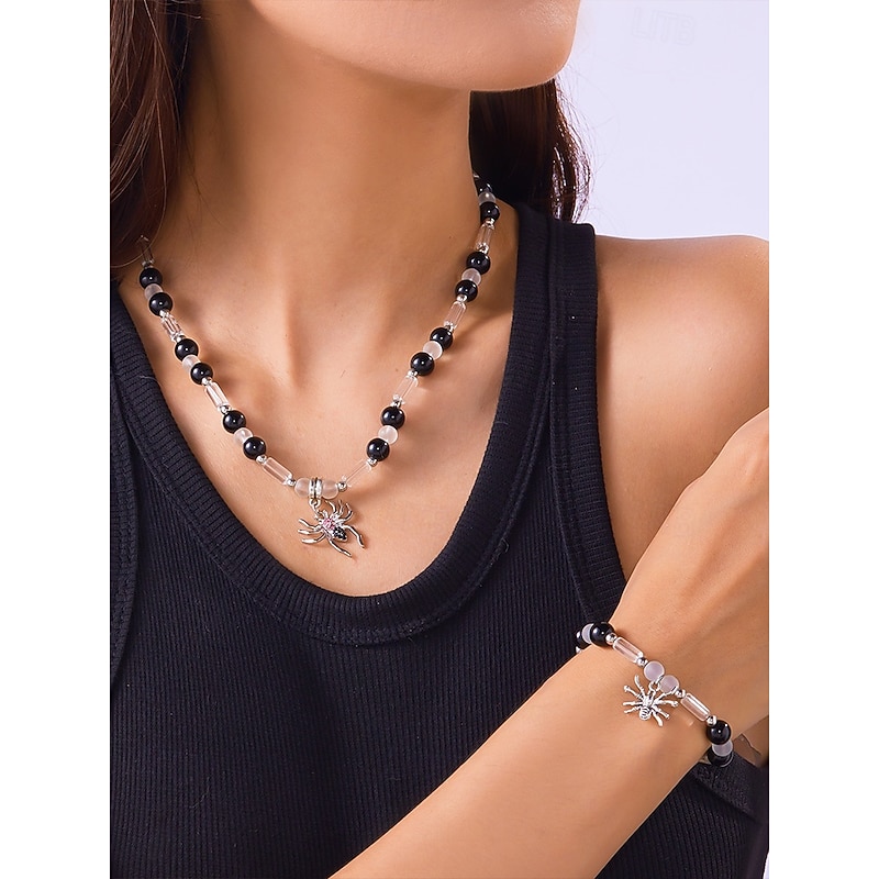Women's Halloween Glow-in-the-Dark Spider Necklace and Bracelet Set – Alloy and Resin Beaded Jewelry for Party, Cosplay and Costume Accessories3