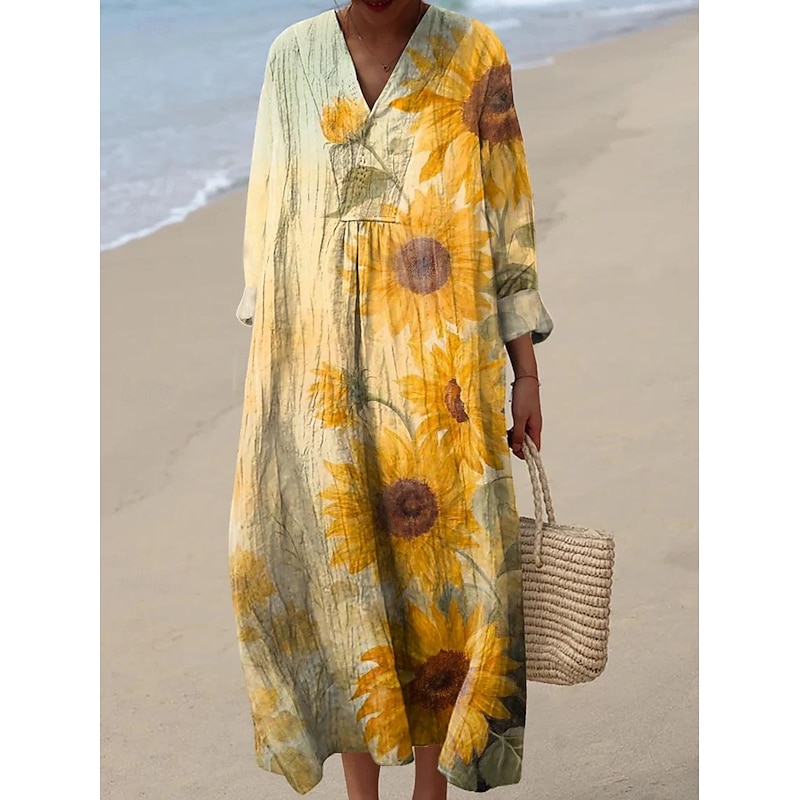 Women's Midi Dress V Neck Long Sleeve Kaftan Lightweight Loose Fit A Line Dress Casual Boho Party Going out Floral Graphic Long Sleeve V Neck Yellow Orange Green Fall