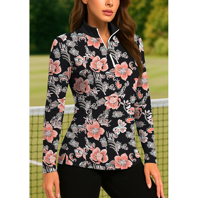 Women's Plants Floral Tropical Floral Botanical Tops Golf Polo Shirt Tennis Shirt Long Sleeve Print Quarter Zip Pullover UV Protection Elastic Breathable Tennis Golf Pickleball Stand Collar Zip Collar
