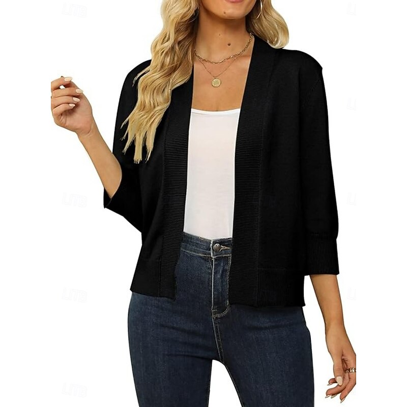 Women's Cardigan Daily Stylish Basic Pure Color Ribbed Open Front Knitted Long Sleeve Regular Tops Knit Outdoor Daily Black Red Spring Fall2