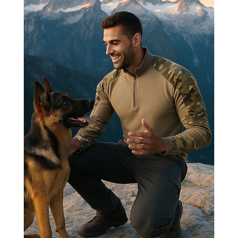 Men's Half-Zipped Sweatshirt Military Sweatshirt Long Sleeve Stand Collar Top Outdoor Breathable Cotton Blend Camo Dark Grey Python Black Black Traveling Running3