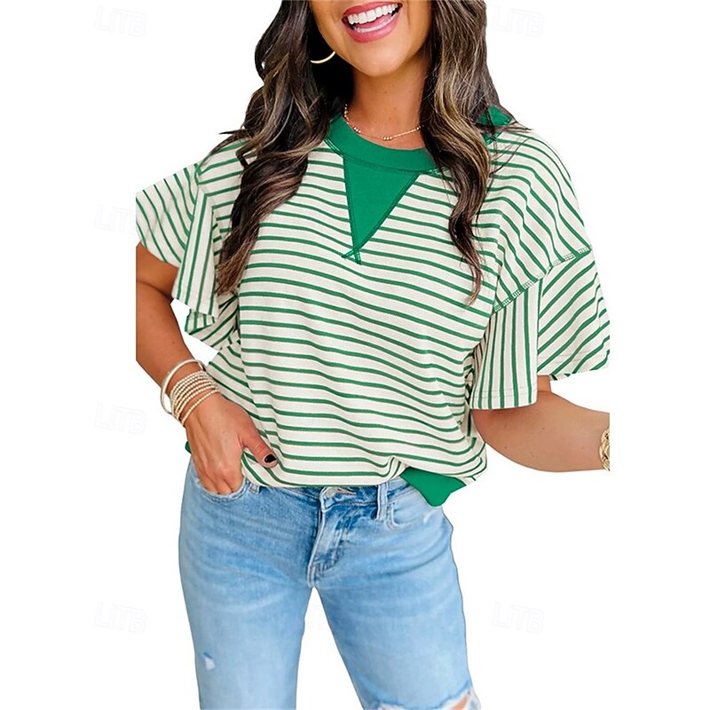 Women's T Shirt Striped Fashion Modern Short Sleeve Crew Neck Regular Tops Daily Patchwork Pink Brown Green Summer4