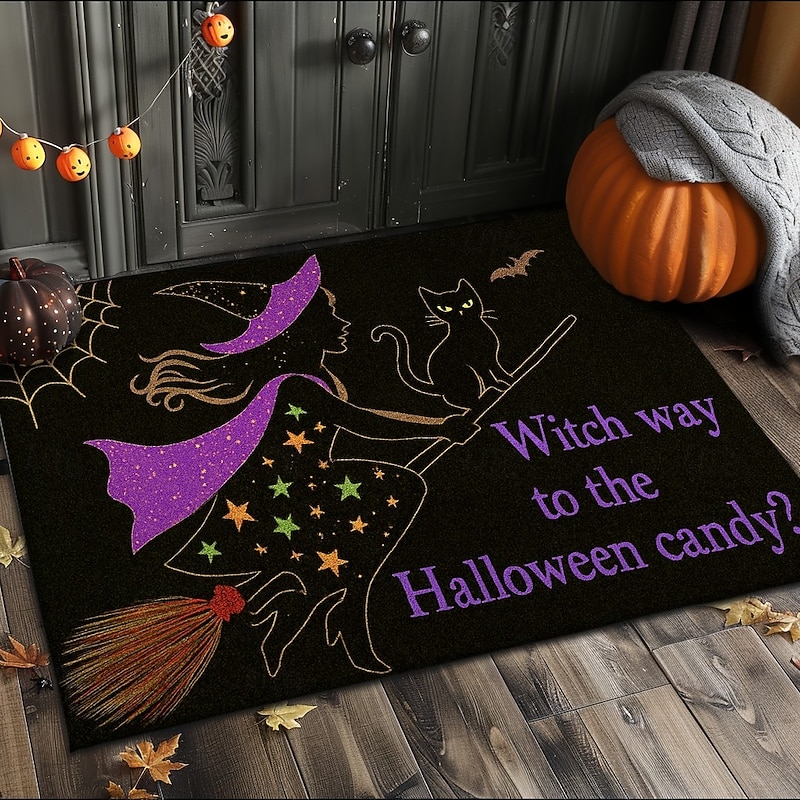 Halloween Indoor Outdoor Doormat Kitchen Mat Purple Witch Hat with Quote, Non-Slip Front Door Mat for Porch, Entryway, Patio, Bedroom, Bathroom and 2025 Halloween Home Decoration