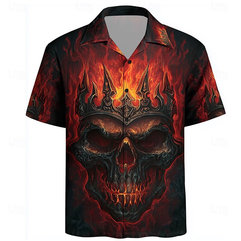 Men's Skull Devil Flame Shirt Cuban Collar Shirt Button Up Shirt Short Sleeve Dark Punk Gothic Style Holiday Streetwear Summer Camp Collar Shirt 3D Print Black 1 Black