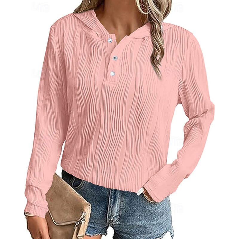 Women's Texture Sweatshirt Pullover Hoodie Sweatshirt Plain Streetwear Casual Comfy Long Sleeve Hooded Regular Tops Street Holiday Going out Buttons White Pink Beige Fall3