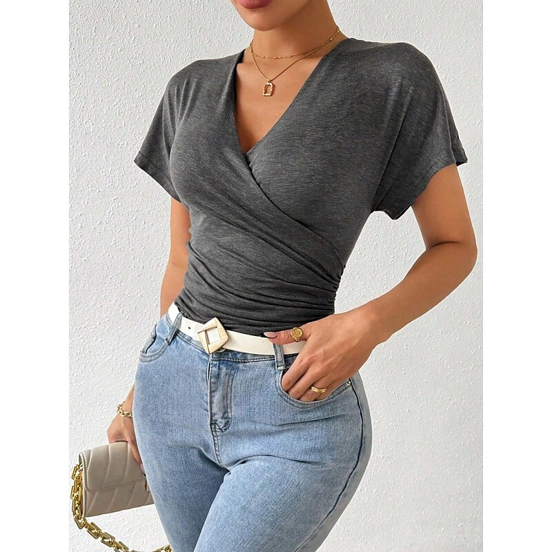 Women's Summer Tops Plain Stylish Modern Short Sleeve V Neck Regular Tops Daily Holiday Ruched Blue Gray Summer3