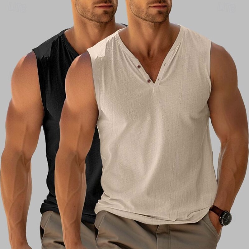 Men's Henley Shirt Tee Top Sleeveless Short Sleeves V Neck Summer Plain Fashion Designer Basic 2 Piece Multi-pack Vacation Street Casual Black+Black White+Khaki Black+ Khaki Top Tee for Men4