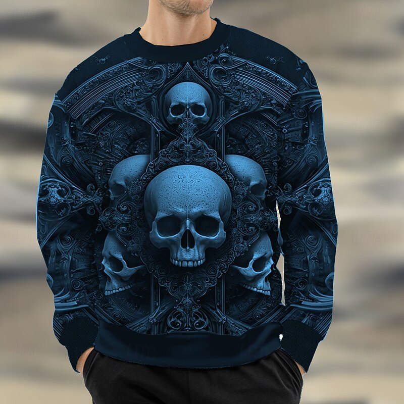 Halloween Men's Skull Sweatshirt Casual Long Sleeve Crew Neck Black Yellow Crewneck 3D Print 3D All Seasons Designer4