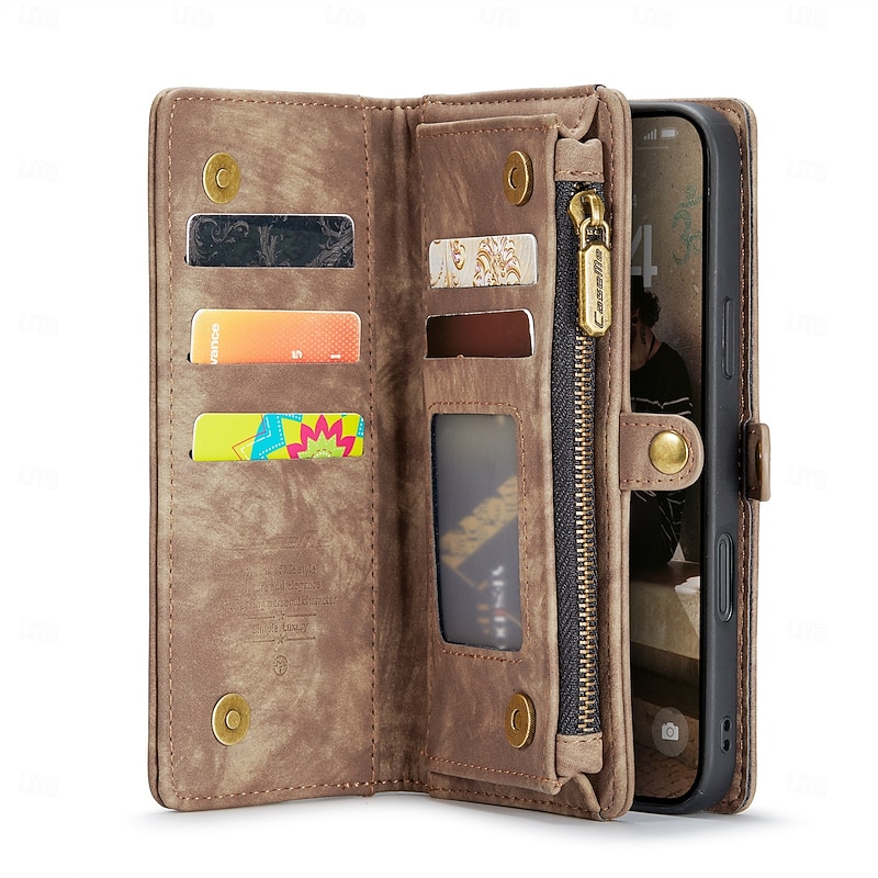 Phone Case For iPhone 16 15 14 Pro Max Plus 16e 13 12 Mini Wallet Case Detachable Zipper with Wrist Strap TPU PU Leather4