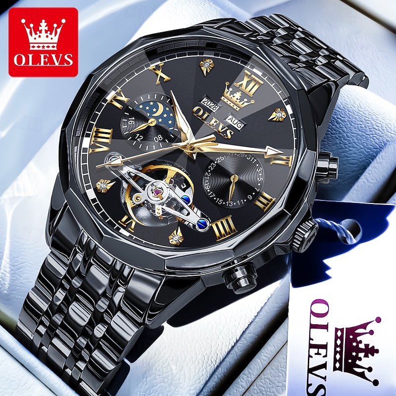 OLEVS Men Mechanical Watch Outdoor Fashion Casual Wristwatch Automatic Self-winding Moon phase Luminous Perpetual Calendar Steel Watch