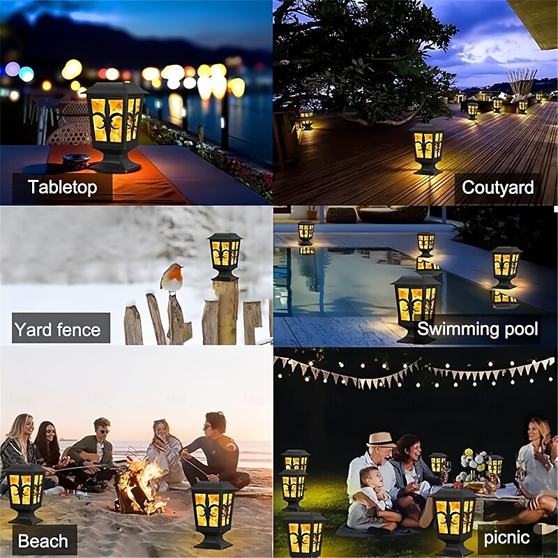 1pc Solar Post LightFlickering Flame Post Cap LED Lamp Solar Powered 2 Modes Waterproof Lighting for Outdoor Deck Fence 4X4 5X5 6X6 Post Top Pathway Garden Patio Yard Decoration4