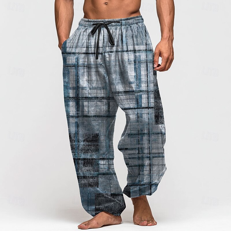 Men's Color Block Patchwork Trousers Baggy Pants Casual Pants Mid Waist Retro Vintage Outdoor Vacation Elastic Drawstring Waist Linen-Like Pants with Pockets Summer Spring Fall 3D Print Blue Green4