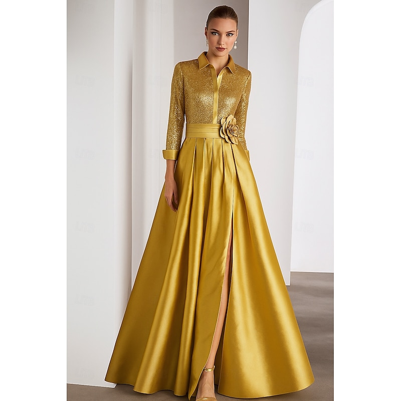 Black Tie Mother of the Bride A-Line Evening Gown Elegant Dress Formal Wedding Floor Length Long Sleeve Shirt Collar Capes Satin with Glitter Pleats