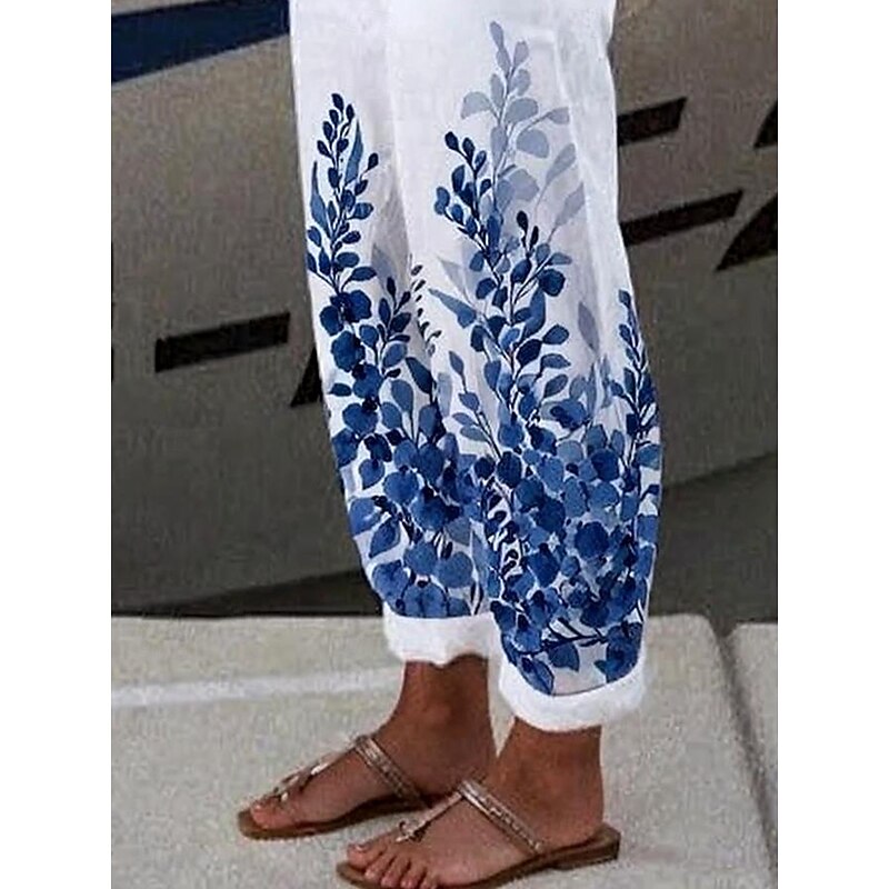 Women's Chinos Vacation Vintage Ethnic Style Ankle-Length High Waist Floral Graphic Leaf Pocket Soft Outdoor Breathable Inelastic Vacation Street Causal White-Blue Purple Green Khaki Summer Spring4