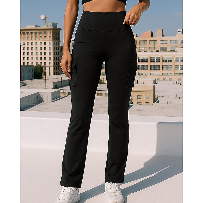 Women's Cargo Pants Flare Leggings Pockets High Waist Bottoms Athleisure Gym Workout Fall Quick Dry Breathable Tummy Control Gym Workout Outdoor Running Tight Fit Sportswear Activewear Solid Colored3