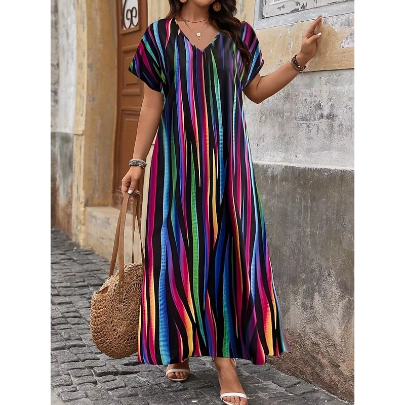 Women's Maxi Dress A Line Dress Casual Outdoor Beach Loose Fit Stripe Short Sleeve V Neck Pink Red Blue Purple Summer Spring