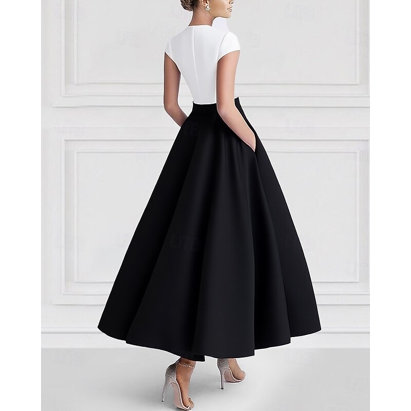 Black and White A-Line Cocktail Dresses Elegant Dress Formal Wedding Ankle Length Short Sleeve V Neck Pocket Satin with Pocket2