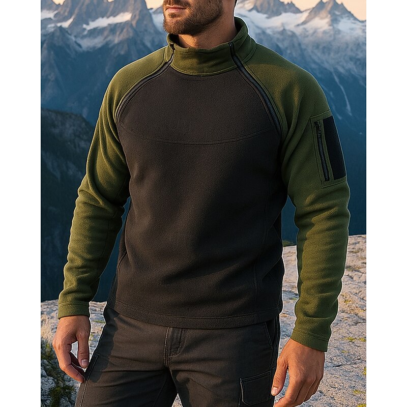 Men's Fleece Sweatshirt Long Sleeve Stand Collar Top Outdoor Thermal Warm Full Zip Polyester Patchwork Army Green Royal Blue Beige Traveling Running3