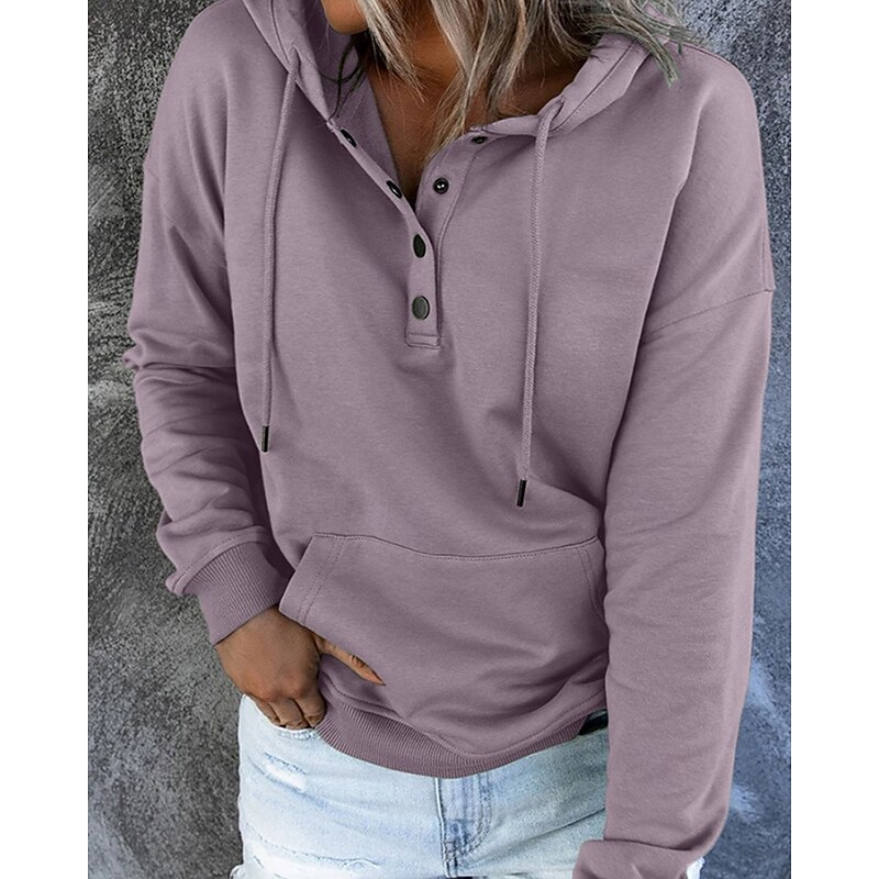 Women's Pullover Hoodie Sweatshirt Plain Casual Long Sleeve Hooded Regular Tops Holiday Going out Pocket Buttons Black Purple Gray Fall Winter2