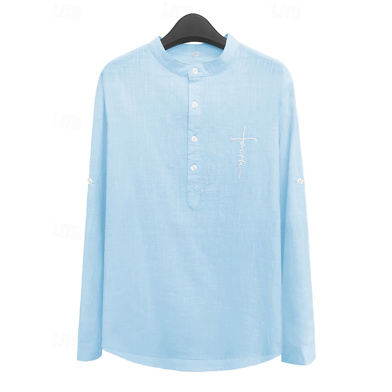 Men's Shirt Linen Shirt Popover Shirt Casual Shirt Cotton Shirt Cross Vacation Hawaiian Black White Yellow Pink Long Sleeve Band Collar Spring Fall Clothing Apparel Print4