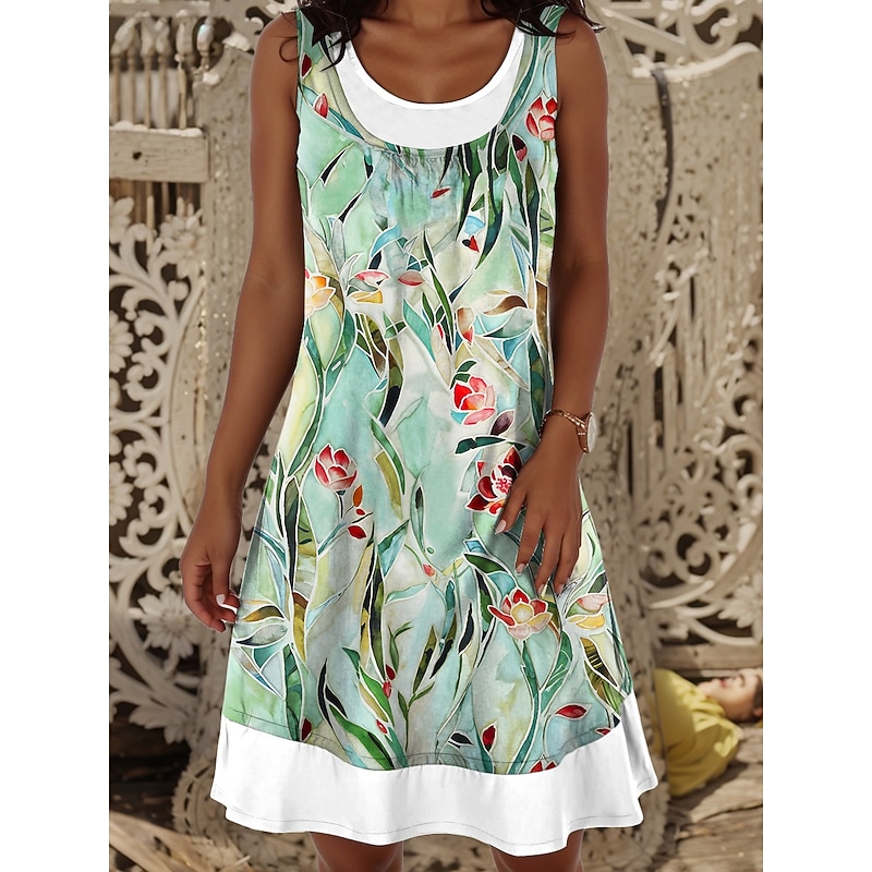 Women's Mini Dress T Shirt Dress Tee Dress Sundress A Line Dress Vacation Casual Daily Regular Fit Floral Graphic Sleeveless Crew Neck Yellow Blue Green Summer Spring Fall2
